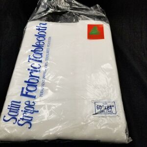 Vintage Elrene Satin Stripe Fabric White Tablecloth Oblong 60 x 84 New